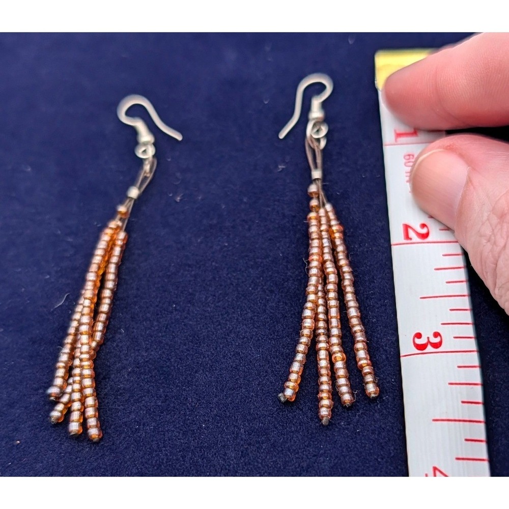 Boho Copper Seed Bead Fringe Dangle Earrings Rose Gold Tone Tassel Hook